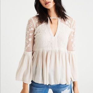 Embroidered Mesh Bell Sleeve Blouse